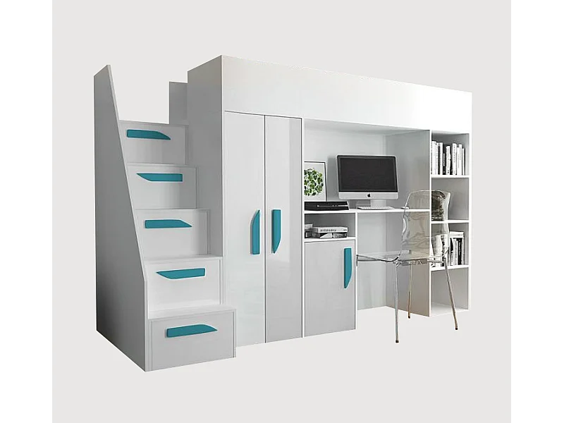 HOCHBETT Party weiß / weiß Hochglanz - Griffe türkis 120 / 247 / 165cm