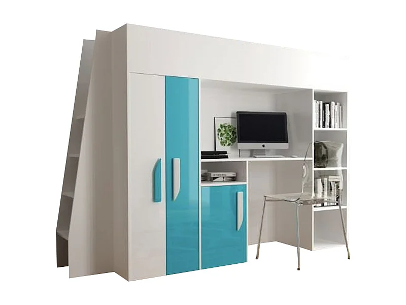 HOCHBETT Party weiß / türkis Hochglanz - Griffe weiß / türkis 95 / 230 / 165cm