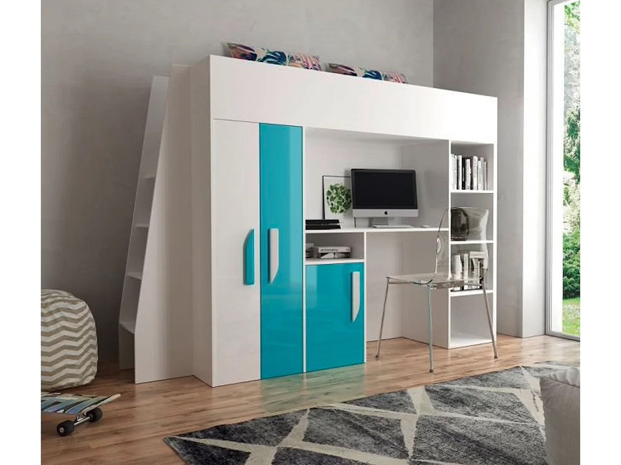 HOCHBETT Party weiß / türkis Hochglanz - Griffe weiß / türkis 95 / 230 / 165cm