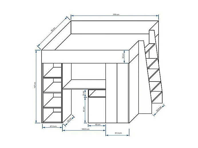 HOCHBETT Party weiß / türkis Hochglanz - Griffe weiß / türkis 95 / 230 / 165cm