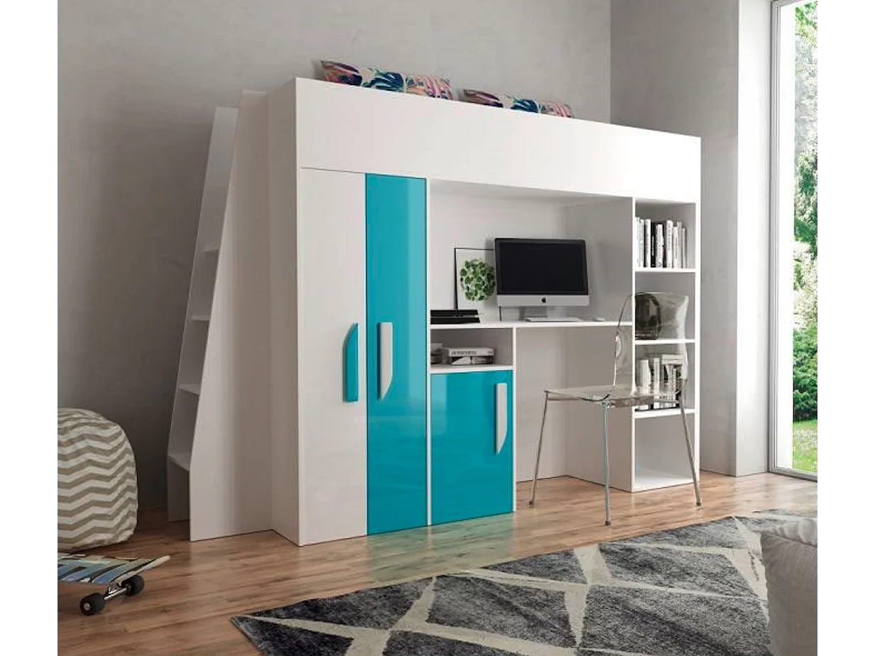 HOCHBETT Party weiß / türkis Hochglanz - Griffe weiß / türkis 95 / 230 / 165cm