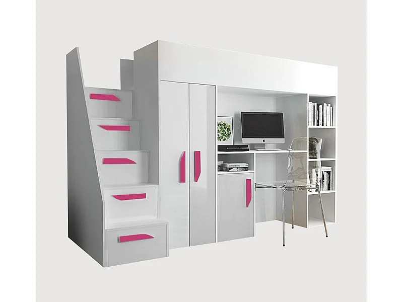 HOCHBETT Party weiß / weiß Hochglanz - Griffe pink 120 / 247 / 165cm