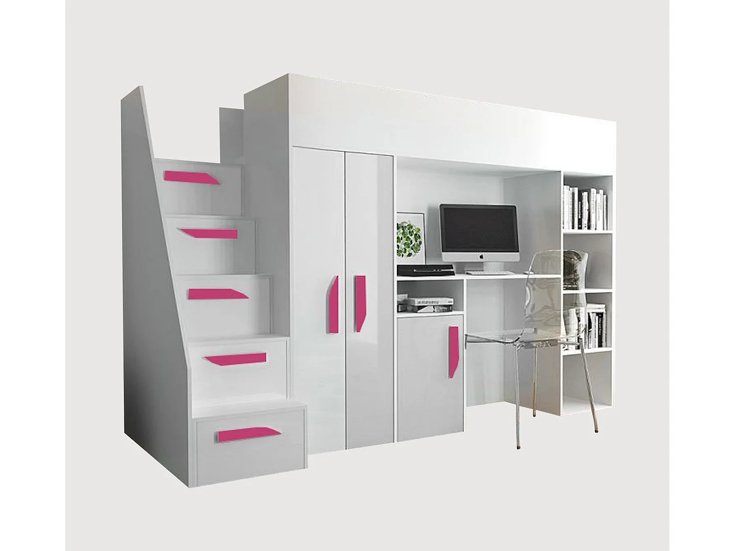 HOCHBETT Party weiß / weiß Hochglanz - Griffe pink 120 / 247 / 165cm