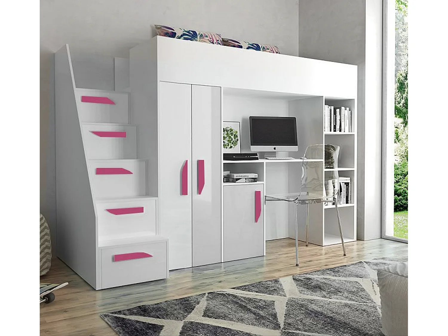 HOCHBETT Party weiß / weiß Hochglanz - Griffe pink 120 / 247 / 165cm