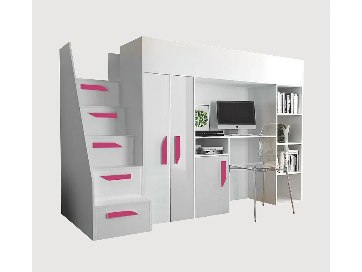 HOCHBETT Party weiß / weiß Hochglanz - Griffe pink 120 / 247 / 165cm