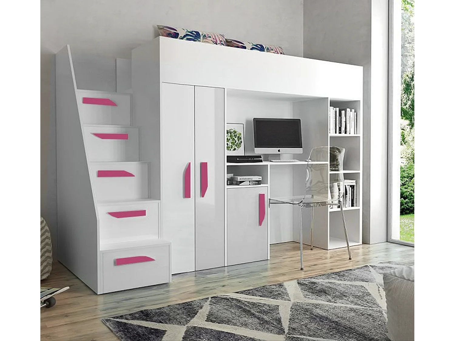 HOCHBETT Party weiß / weiß Hochglanz - Griffe pink 120 / 247 / 165cm