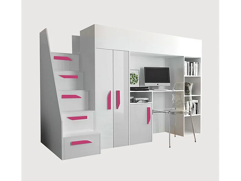 HOCHBETT Party weiß / weiß Hochglanz - Griffe pink 120 / 247 / 165cm