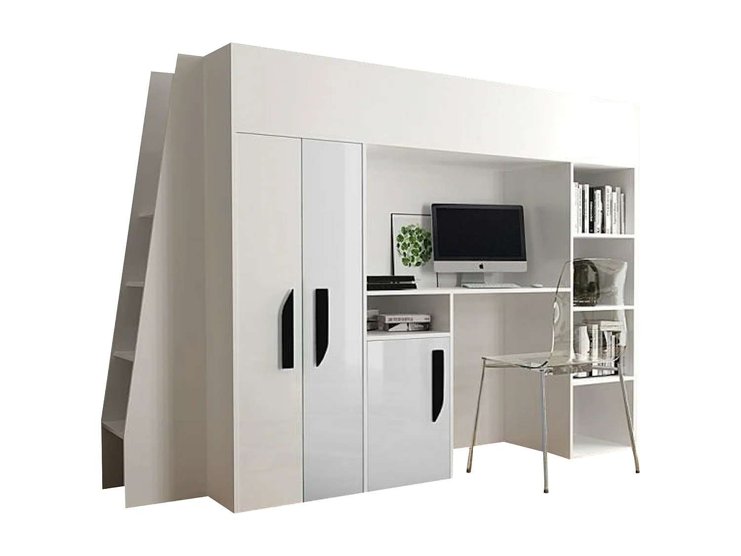 HOCHBETT Party weiß / weiß Hochglanz - Griffe schwarz 95 / 230 / 165cm