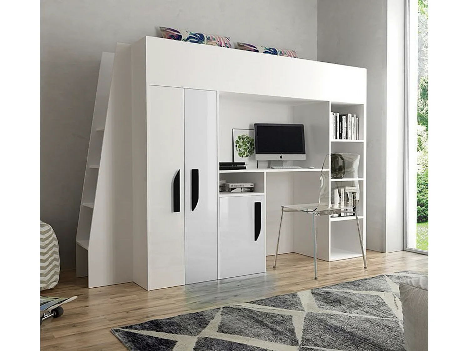 HOCHBETT Party weiß / weiß Hochglanz - Griffe schwarz 95 / 230 / 165cm