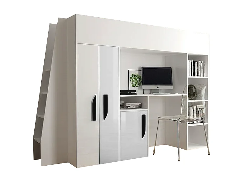 HOCHBETT Party weiß / weiß Hochglanz - Griffe schwarz 95 / 230 / 165cm