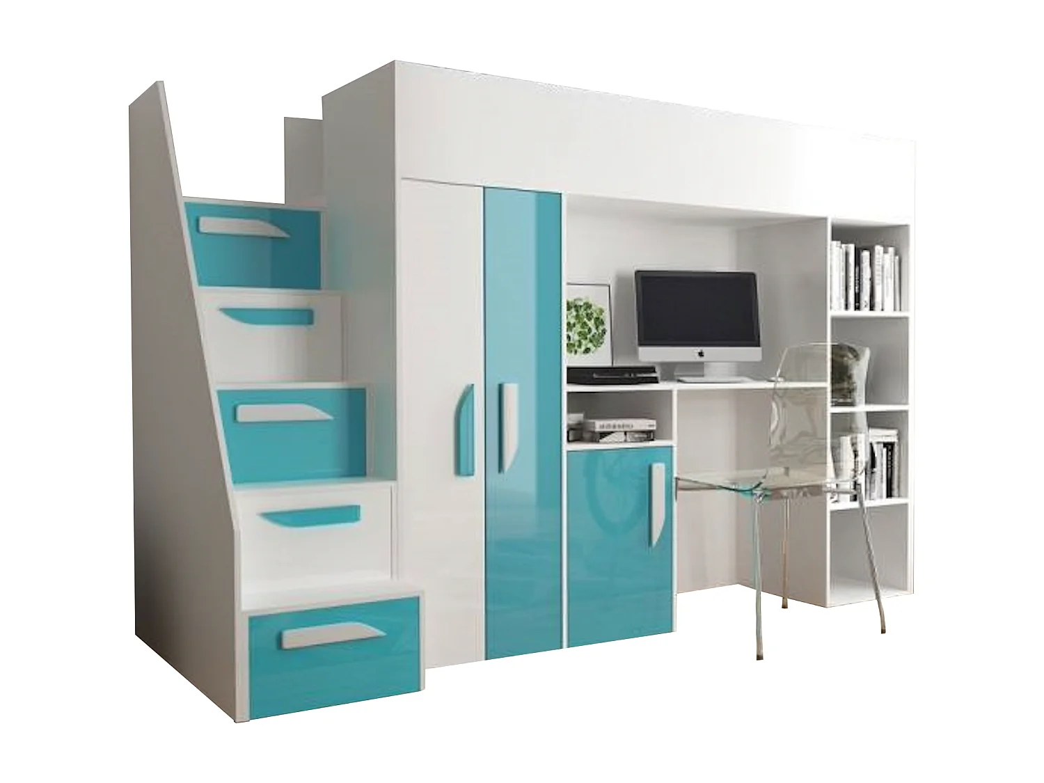 HOCHBETT Party weiß / türkis Hochglanz - Griffe weiß / türkis 120 / 247 / 165cm