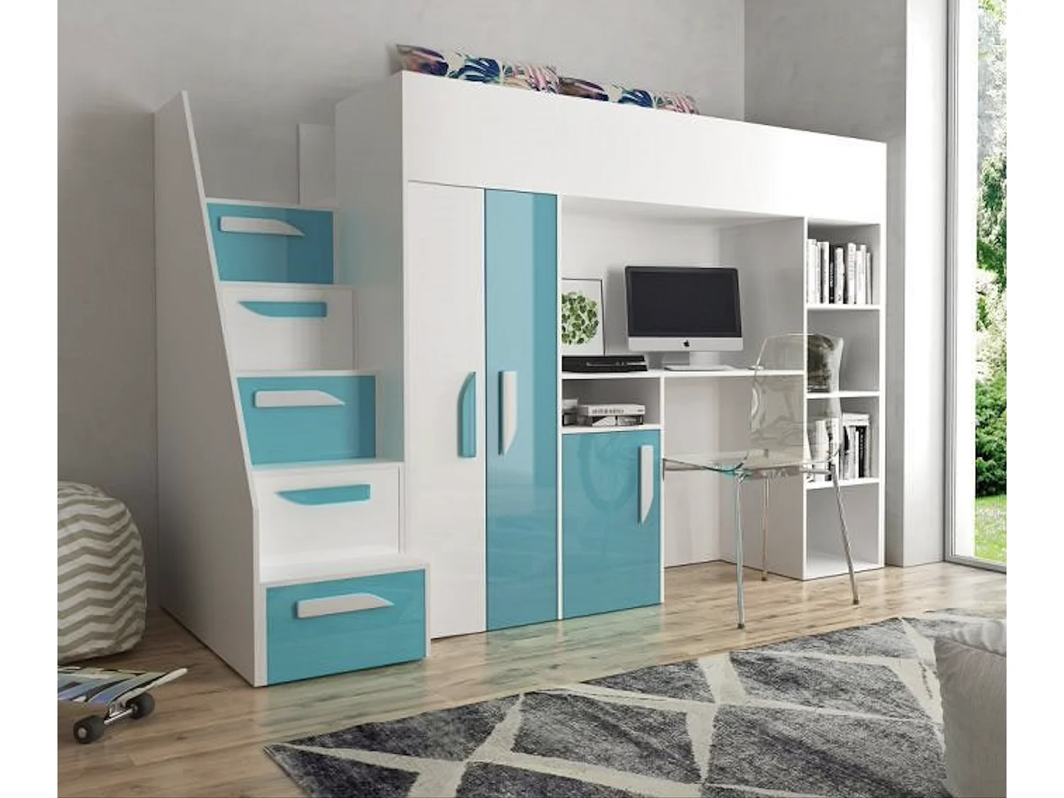 HOCHBETT Party weiß / türkis Hochglanz - Griffe weiß / türkis 120 / 247 / 165cm