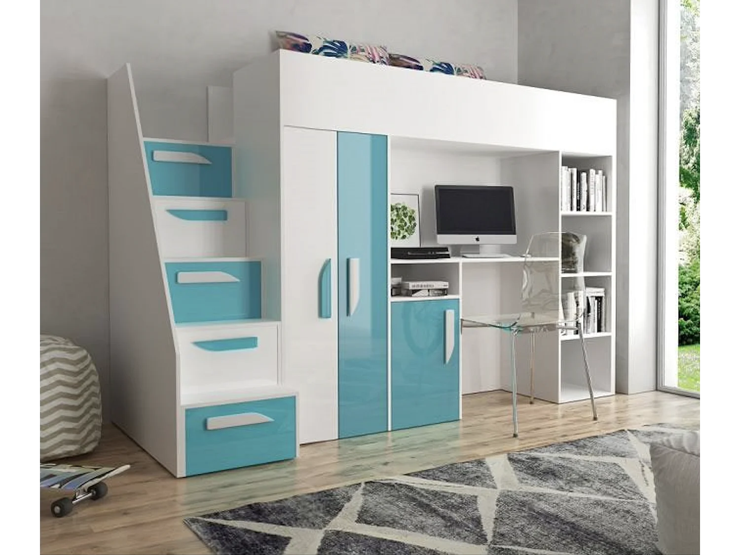 HOCHBETT Party weiß / türkis Hochglanz - Griffe weiß / türkis 120 / 247 / 165cm