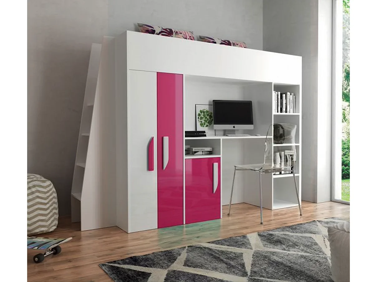 HOCHBETT Party weiß / pink Hochglanz - Griffe weiß / pink 95 / 230 / 165cm