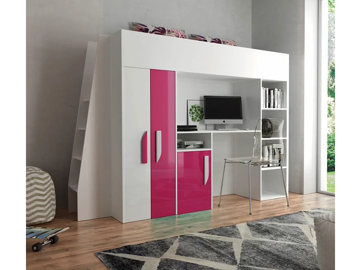 HOCHBETT Party weiß / pink Hochglanz - Griffe weiß / pink 95 / 230 / 165cm