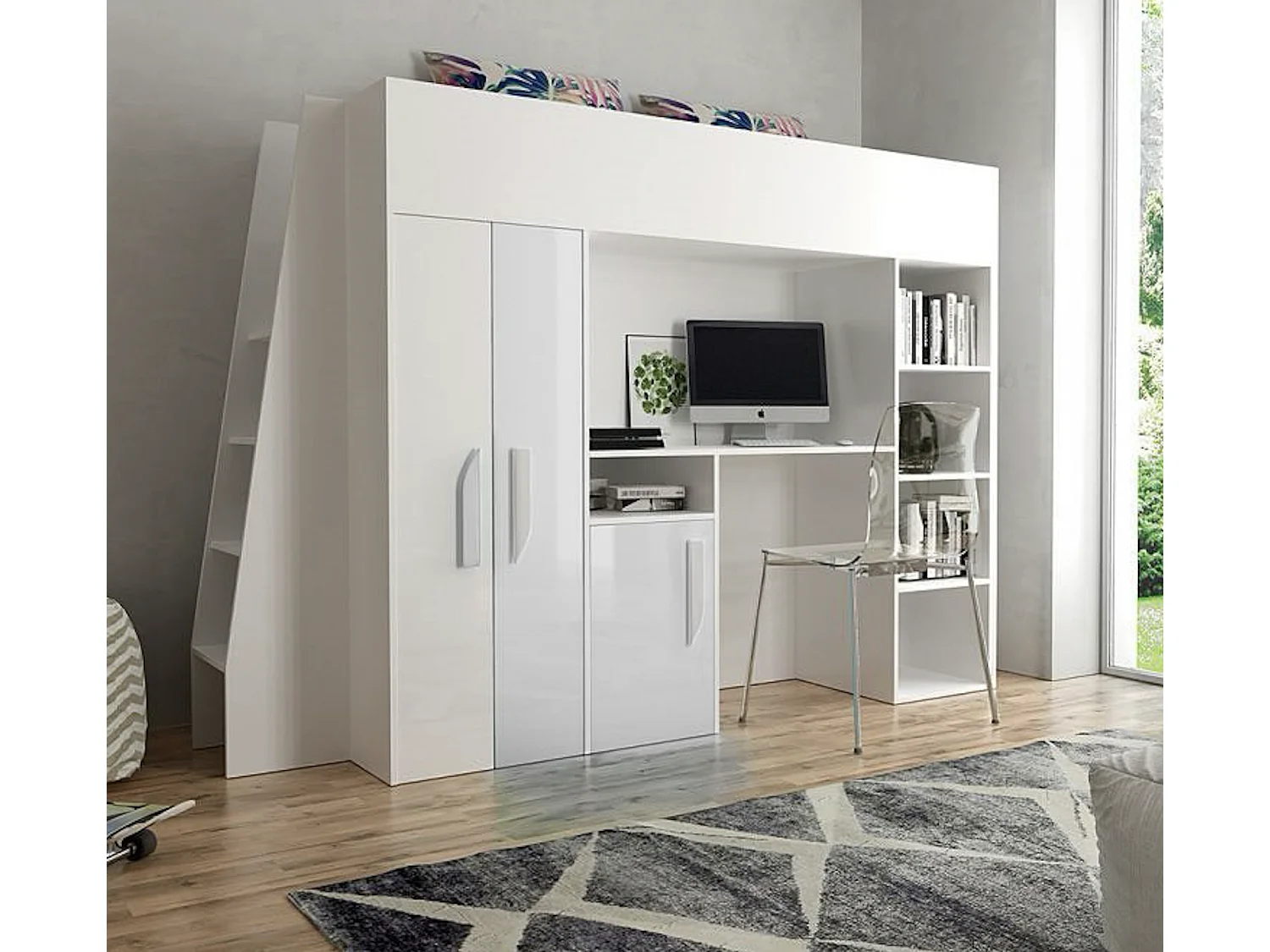 HOCHBETT Party weiß / weiß Hochglanz - Griffe weiß 95 / 230 / 165cm