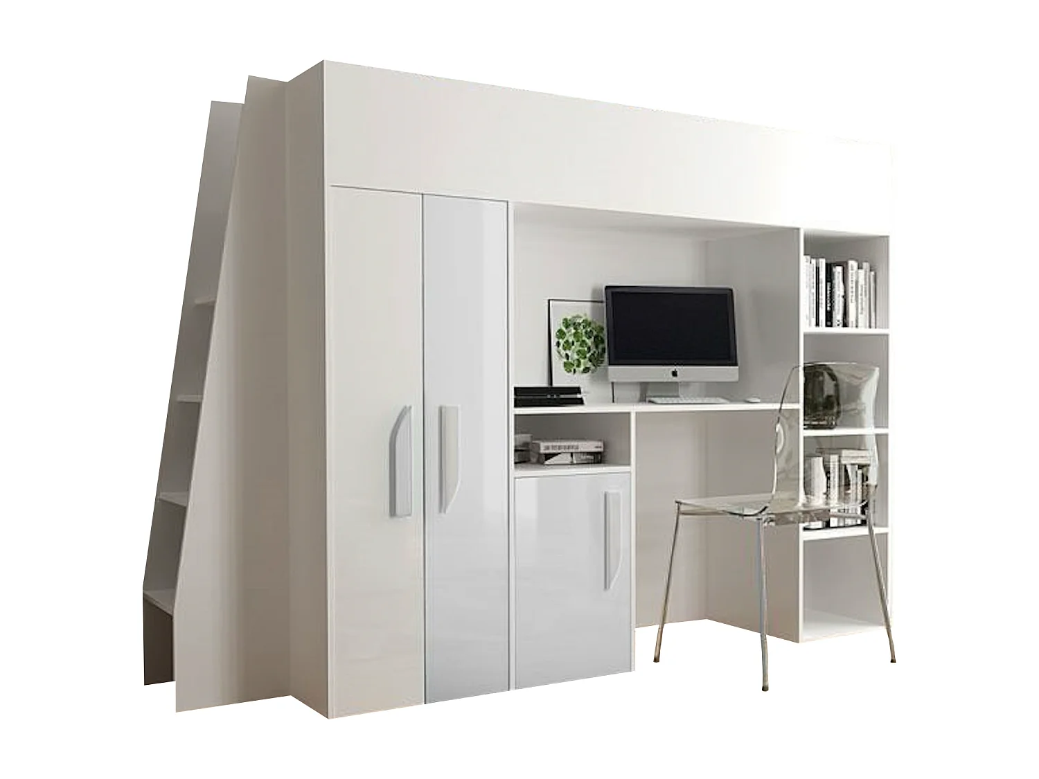 HOCHBETT Party weiß / weiß Hochglanz - Griffe weiß 95 / 230 / 165cm