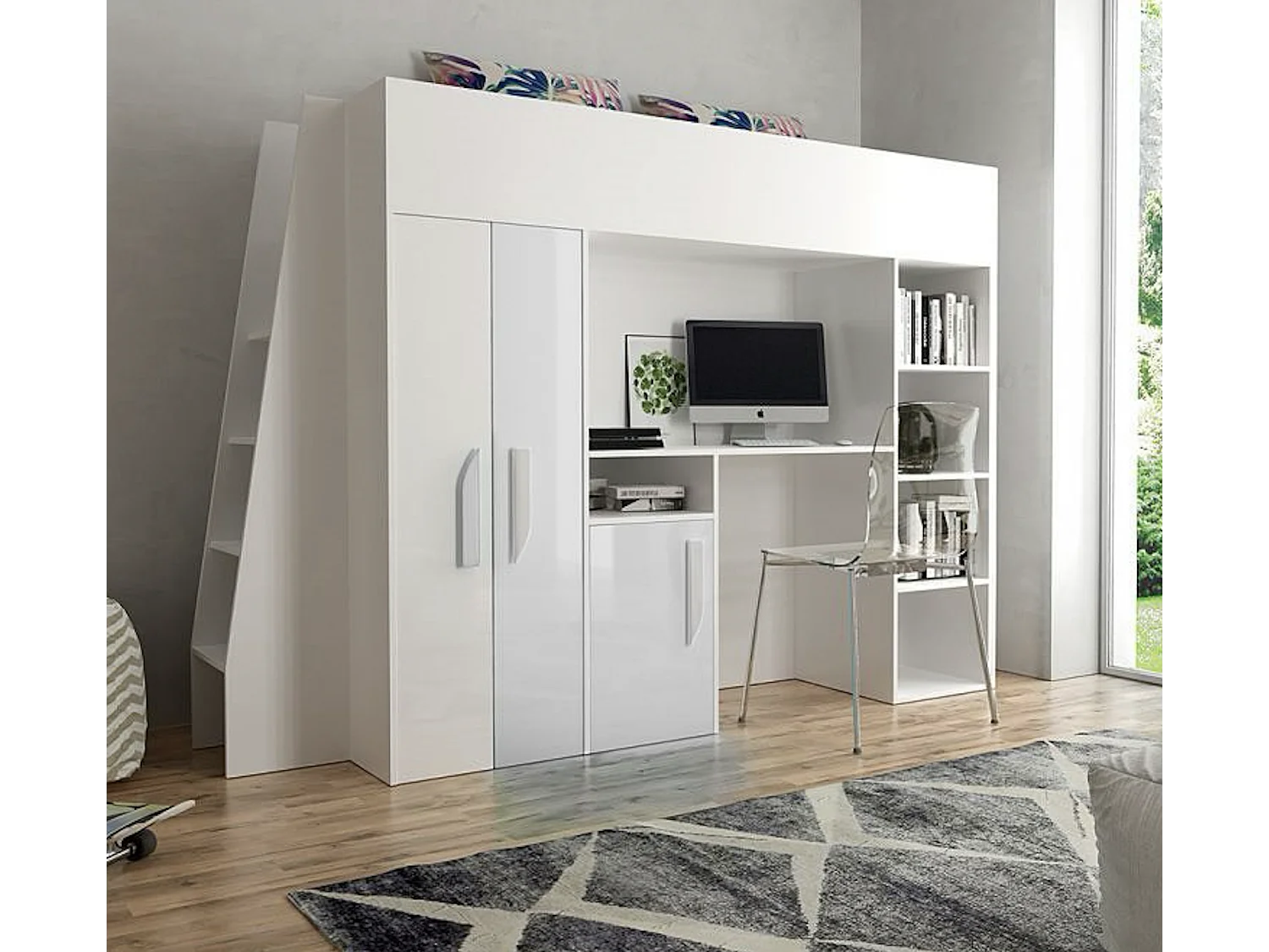 HOCHBETT Party weiß / weiß Hochglanz - Griffe weiß 95 / 230 / 165cm