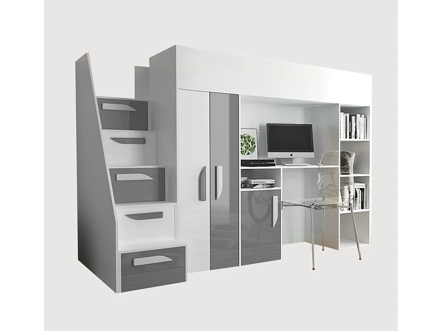 HOCHBETT Party weiß / grau Hochglanz - Griffe weiß / grau 120 / 247 / 165cm