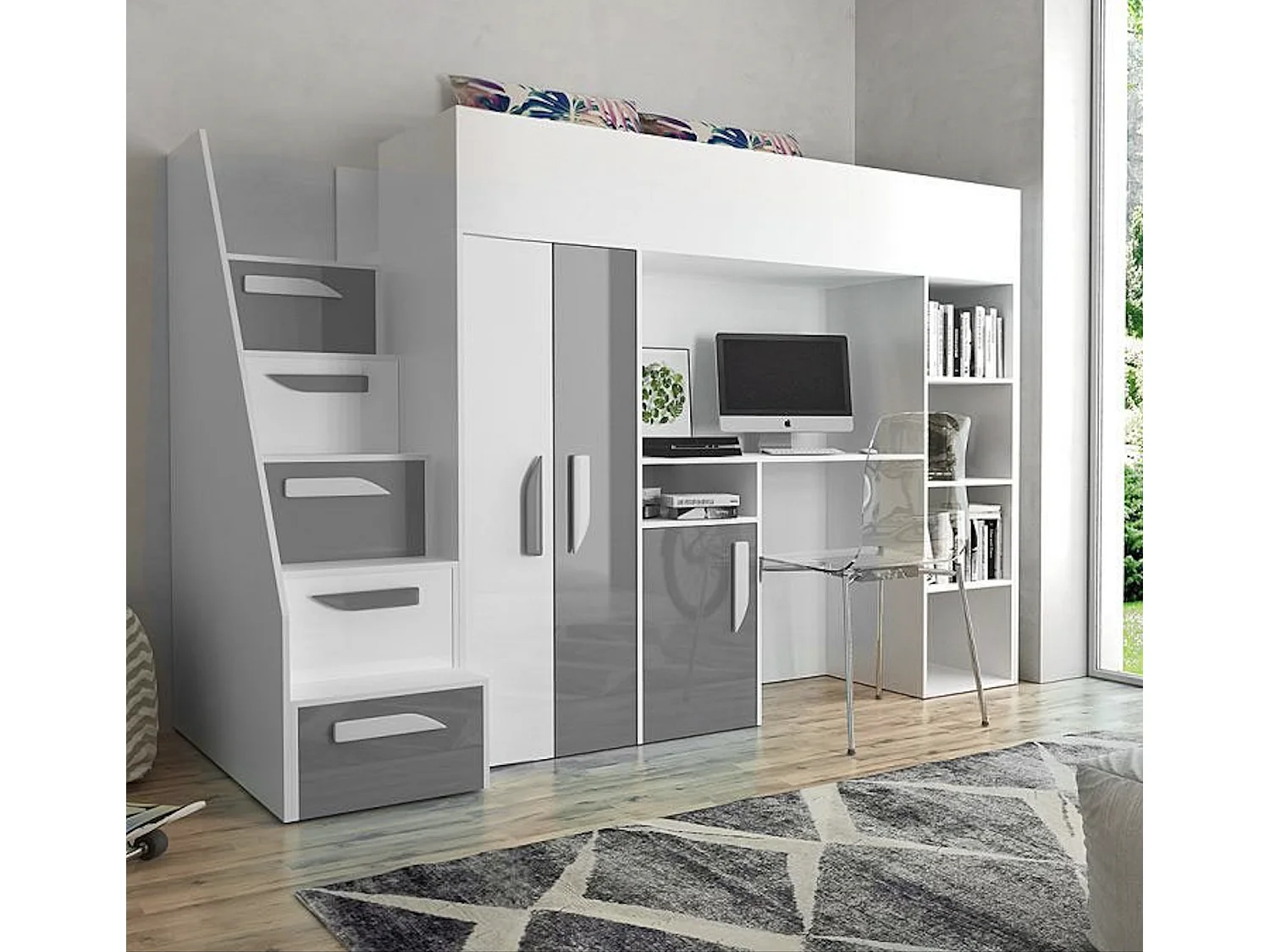 HOCHBETT Party weiß / grau Hochglanz - Griffe weiß / grau 120 / 247 / 165cm