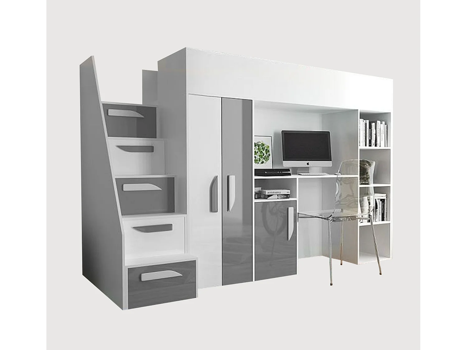 HOCHBETT Party weiß / grau Hochglanz - Griffe weiß / grau 120 / 247 / 165cm