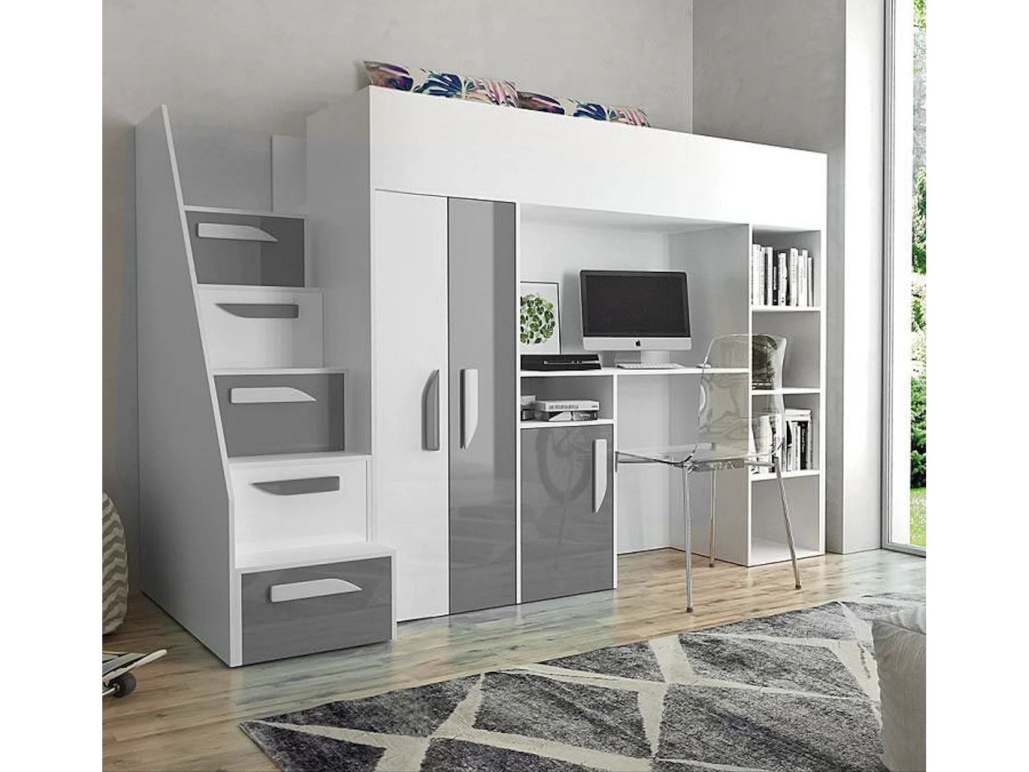 HOCHBETT Party weiß / grau Hochglanz - Griffe weiß / grau 120 / 247 / 165cm