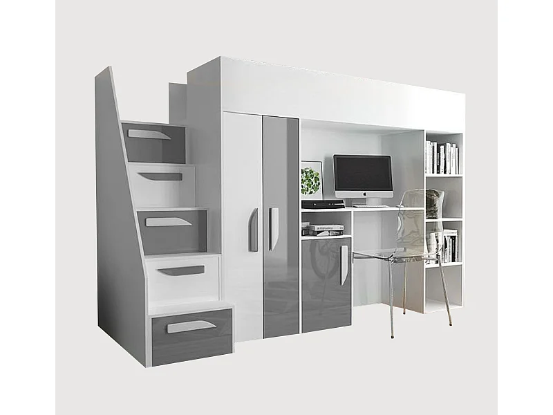 HOCHBETT Party weiß / grau Hochglanz - Griffe weiß / grau 120 / 247 / 165cm