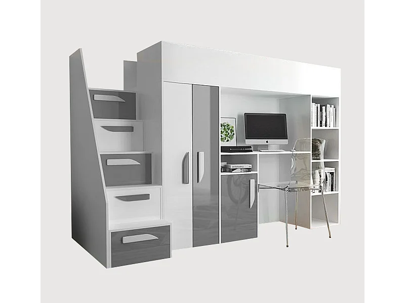 HOCHBETT Party weiß / grau Hochglanz - Griffe weiß / grau 120 / 247 / 165cm