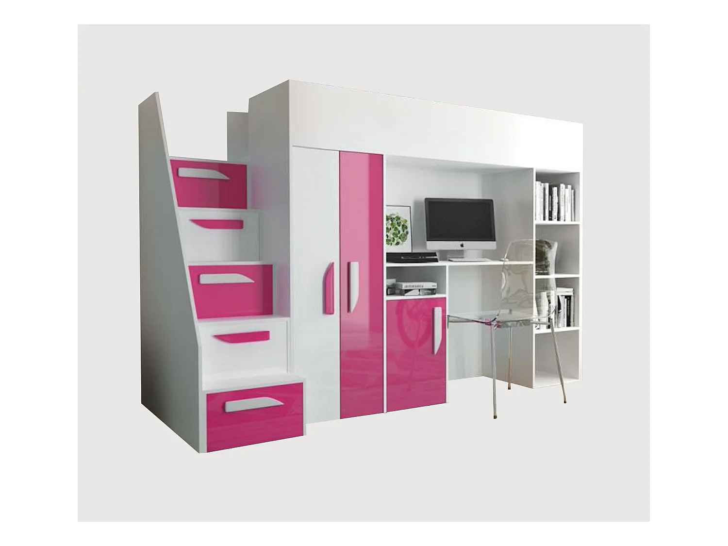 HOCHBETT Party weiß / pink Hochglanz - Griffe weiß / pink 120 / 247 / 165cm