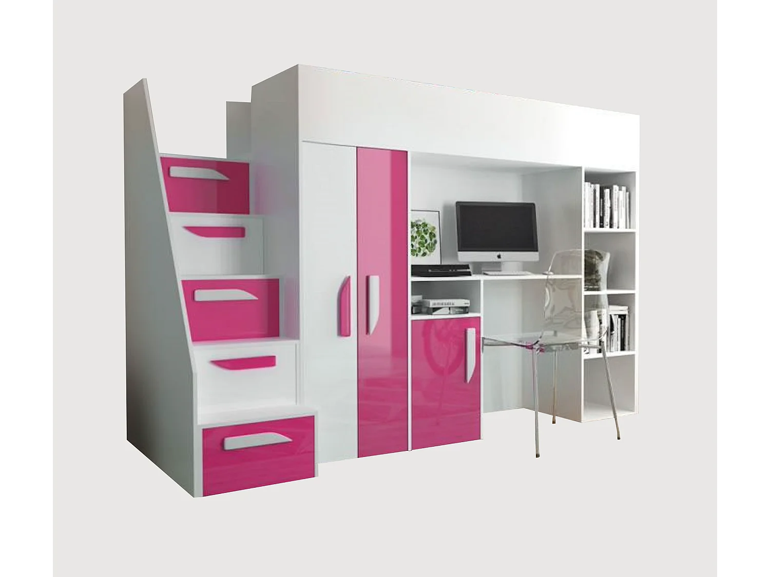 HOCHBETT Party weiß / pink Hochglanz - Griffe weiß / pink 120 / 247 / 165cm