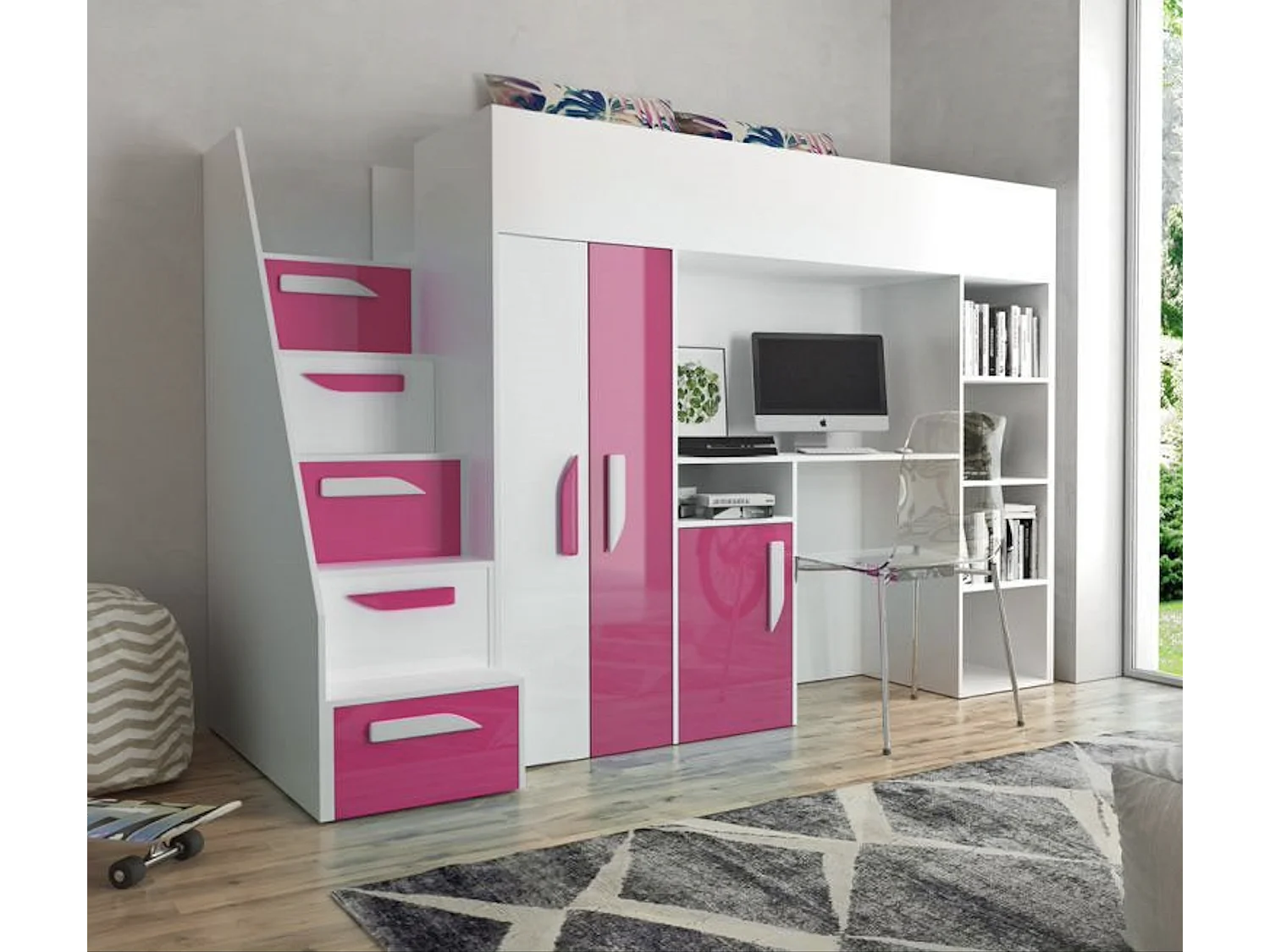 HOCHBETT Party weiß / pink Hochglanz - Griffe weiß / pink 120 / 247 / 165cm