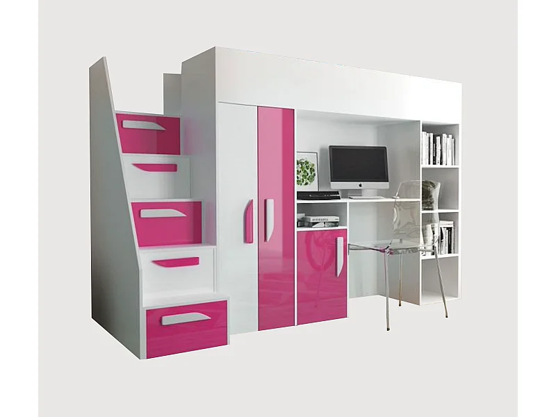 HOCHBETT Party weiß / pink Hochglanz - Griffe weiß / pink 120 / 247 / 165cm