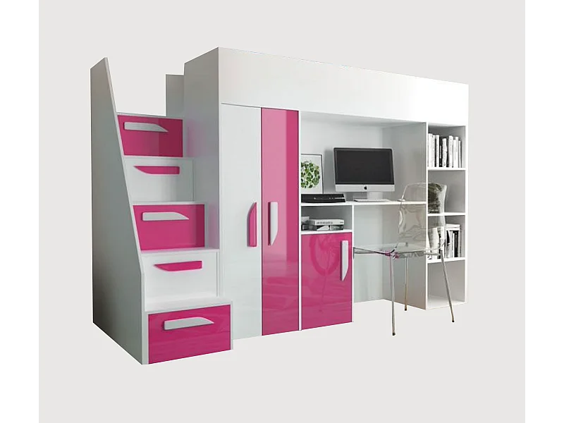 HOCHBETT Party weiß / pink Hochglanz - Griffe weiß / pink 120 / 247 / 165cm