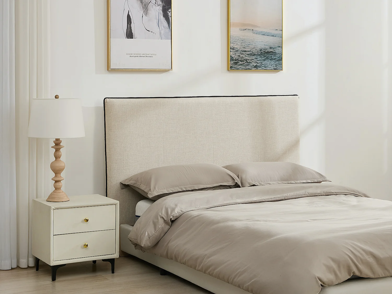 Tête de lit déhoussable 150 cm - Coton et lin - Beige et noir - CHESMA