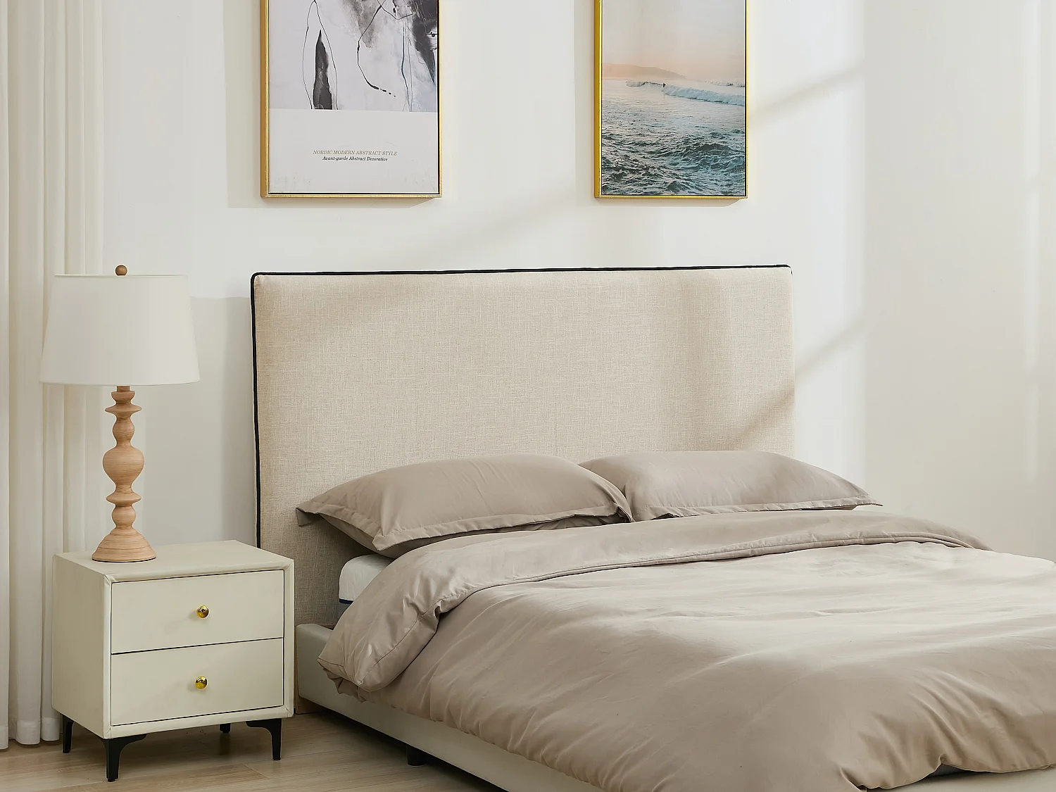 Bett-Kopfteil mit abnehmbarem Bezug - 170 cm - Baumwolle & Leinen - Beige & Schwarz - CHESMA