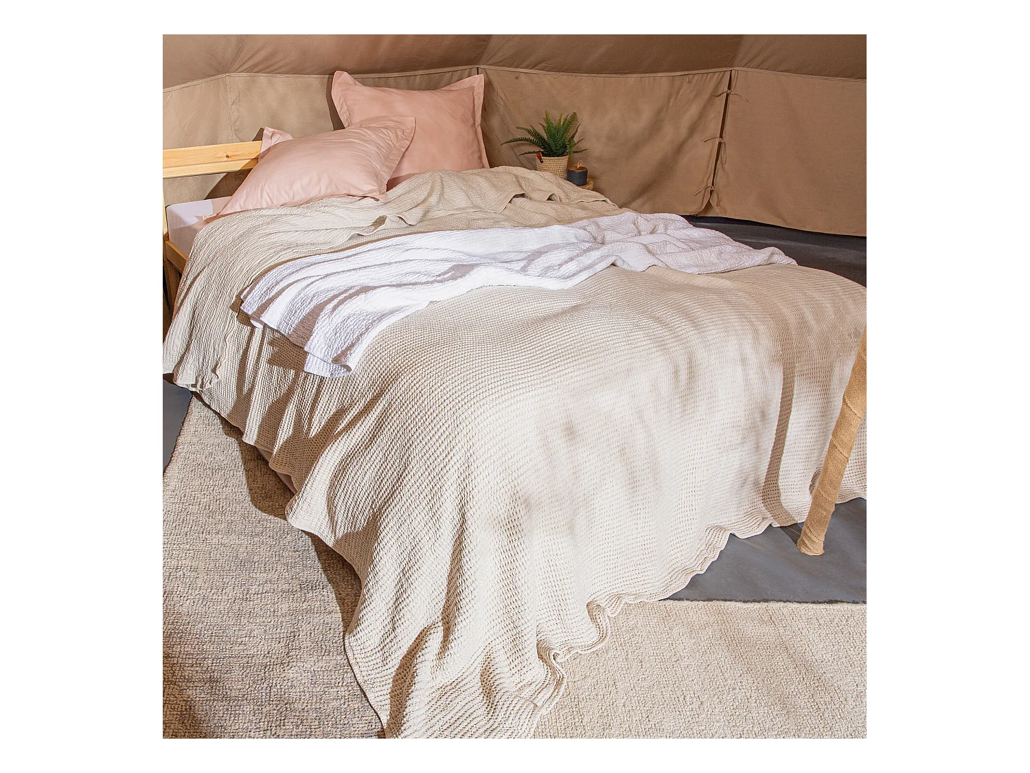 Dessus de lit réversible 230x250 cm JAIPUR en coton beige craie