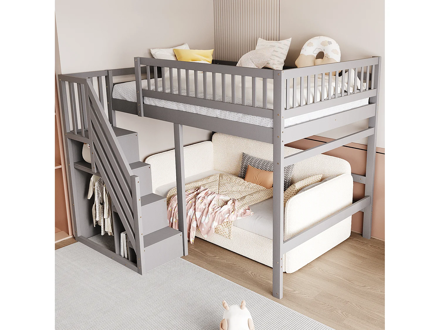 Letto mezzanina 140x200cm - con scala di archiviazione - legno massello + compensato + MDF - Grigio