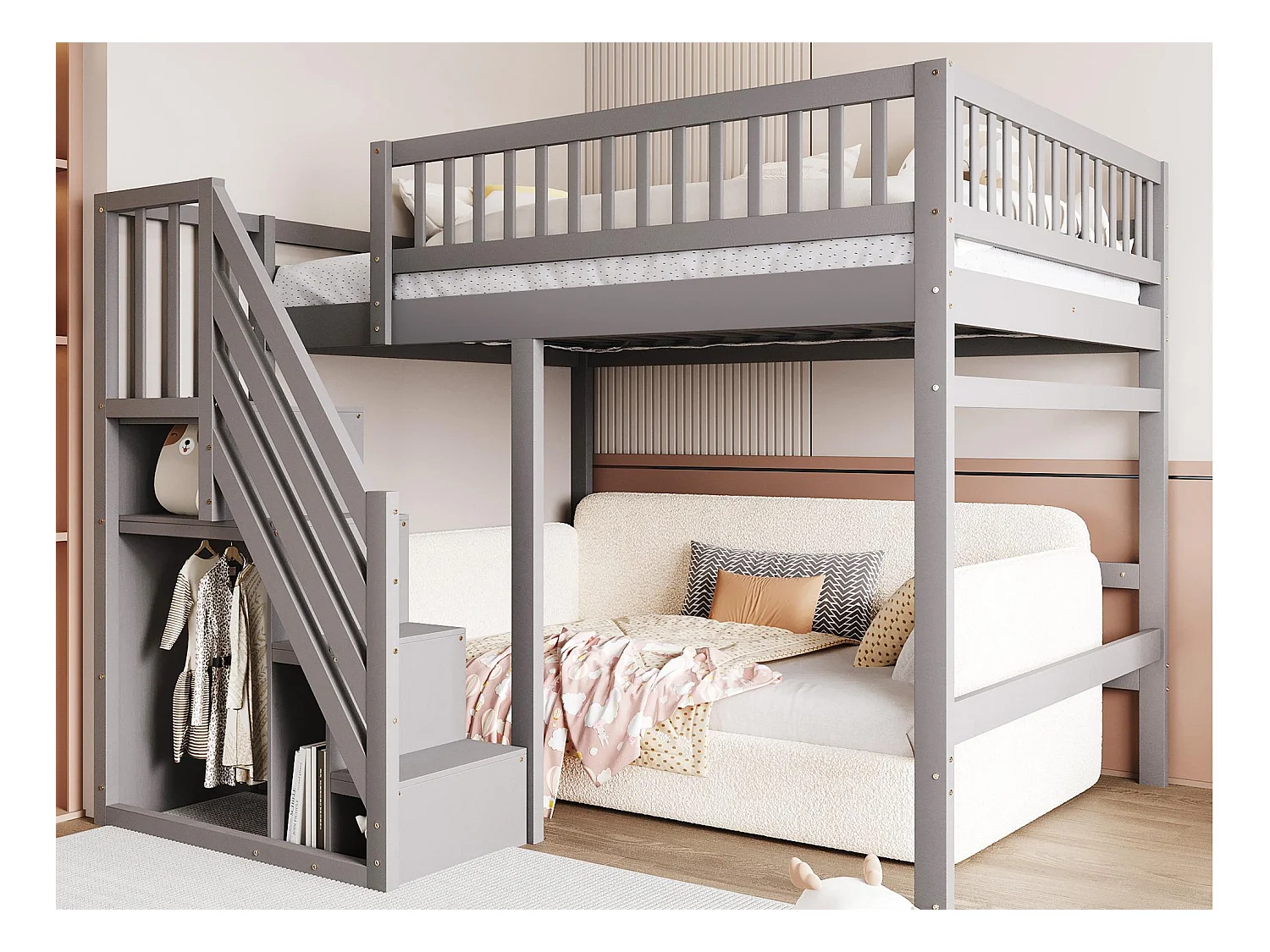 Lit mezzanine 140x200cm - avec escalier de rangement - bois massif + contreplaqué + MDF - Gris