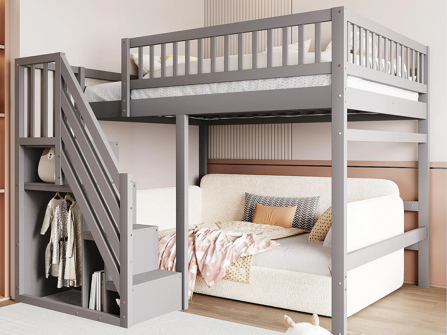 Cama alta 140x200cm - com escada de armazenamento - madeira maciça + contraplacado + MDF - Cinza