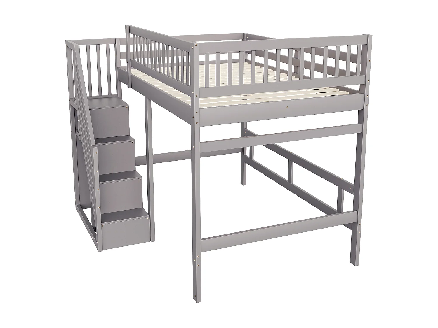 Cama alta 140x200cm - com escada de armazenamento - madeira maciça + contraplacado + MDF - Cinza