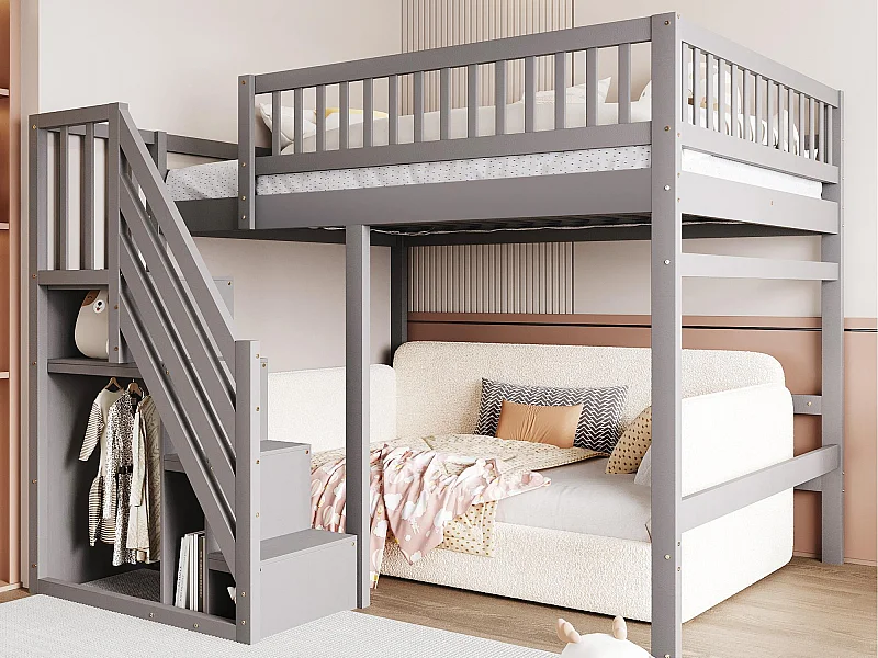 Mezzanine bed 140x200cm - met trap met opbergruimte - massief hout + multiplex + MDF - Grijs