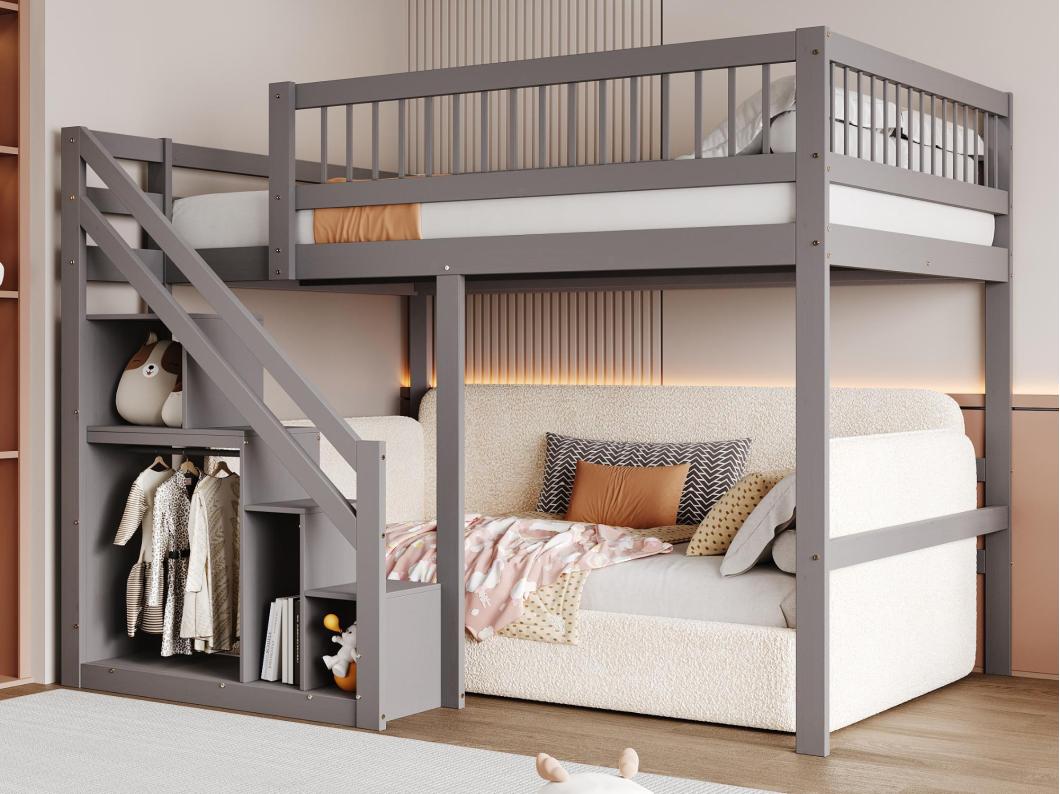 Houten stapelbed 140x200cm - met opbergtrap - Grijs