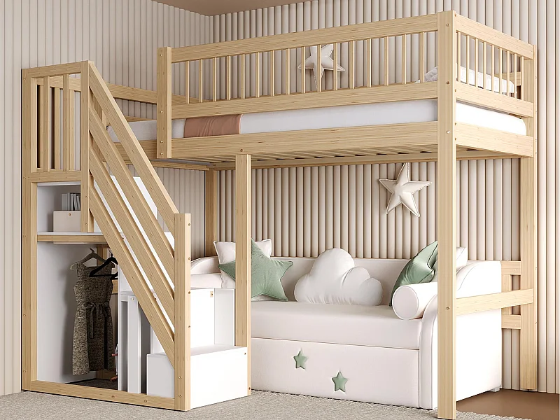 Mezzanine bed 90x200cm - met trap met opbergruimte - massief hout + multiplex + MDF - Natuur