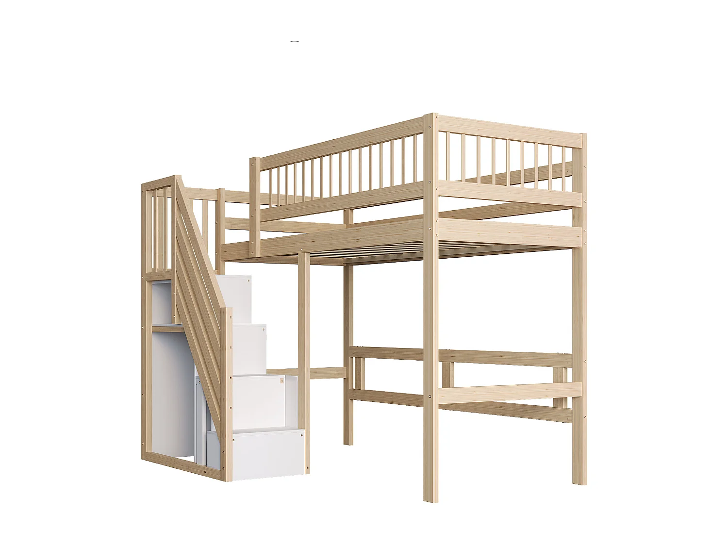 Lit mezzanine 90x200cm - avec escalier de rangement - bois massif + contreplaqué + MDF - Naturel