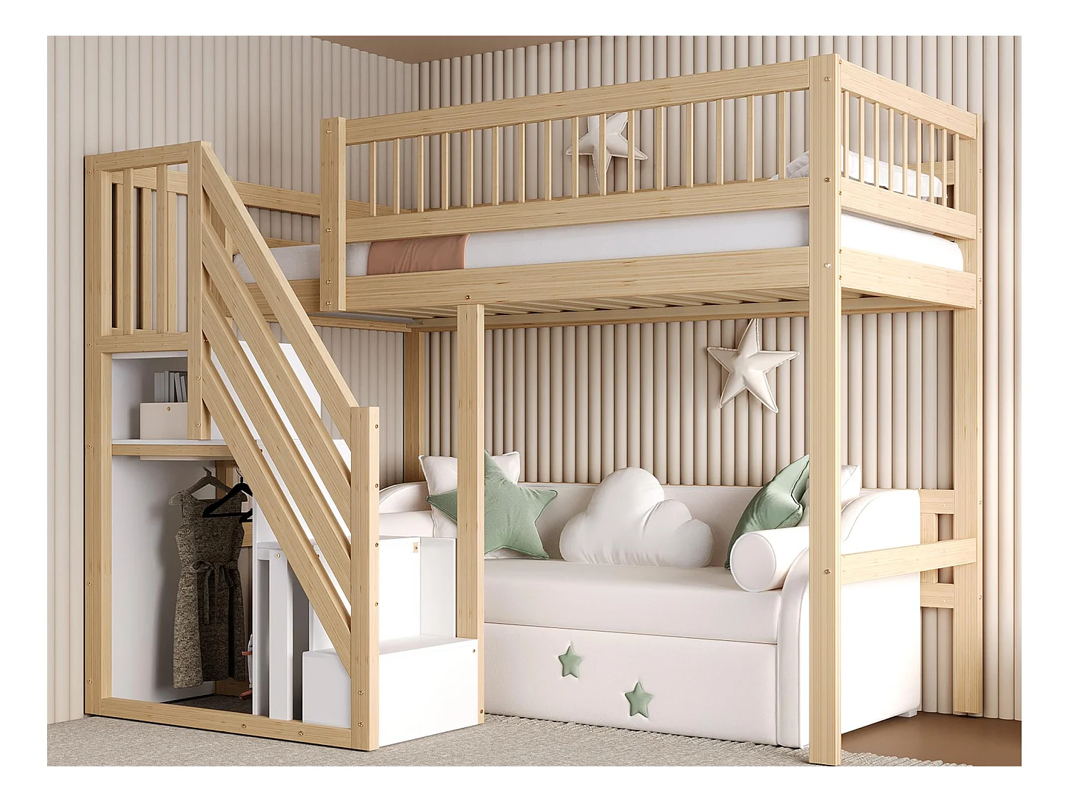 Lit mezzanine 90x200cm - avec escalier de rangement - bois massif + contreplaqué + MDF - Naturel