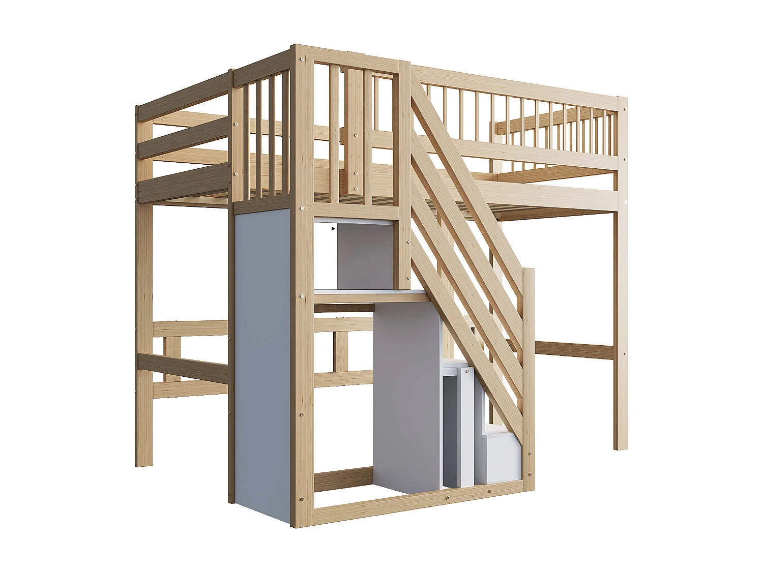 Mezzanine bed 90x200cm - met trap met opbergruimte - massief hout + multiplex + MDF - Natuur