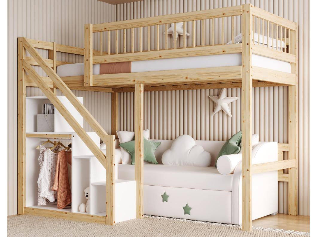 Houten stapelbed 90x200cm - met opbergtrap - Naturel