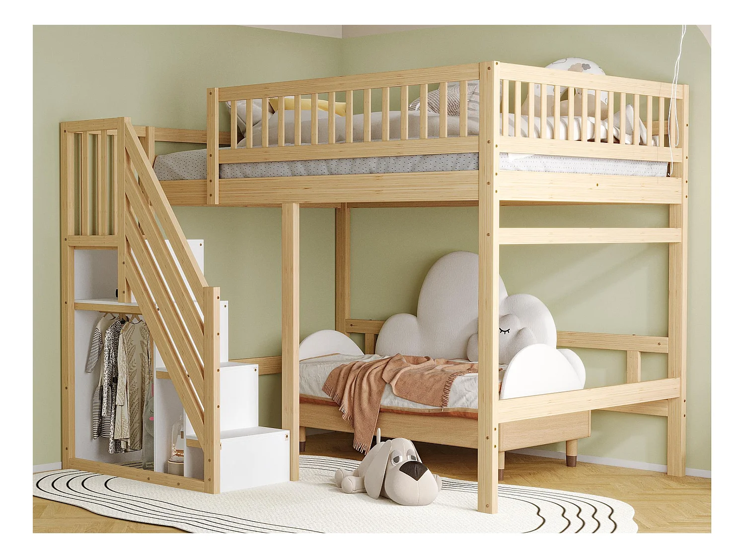 Lit mezzanine 140x200cm - avec escalier de rangement - bois massif + contreplaqué + MDF - Naturel