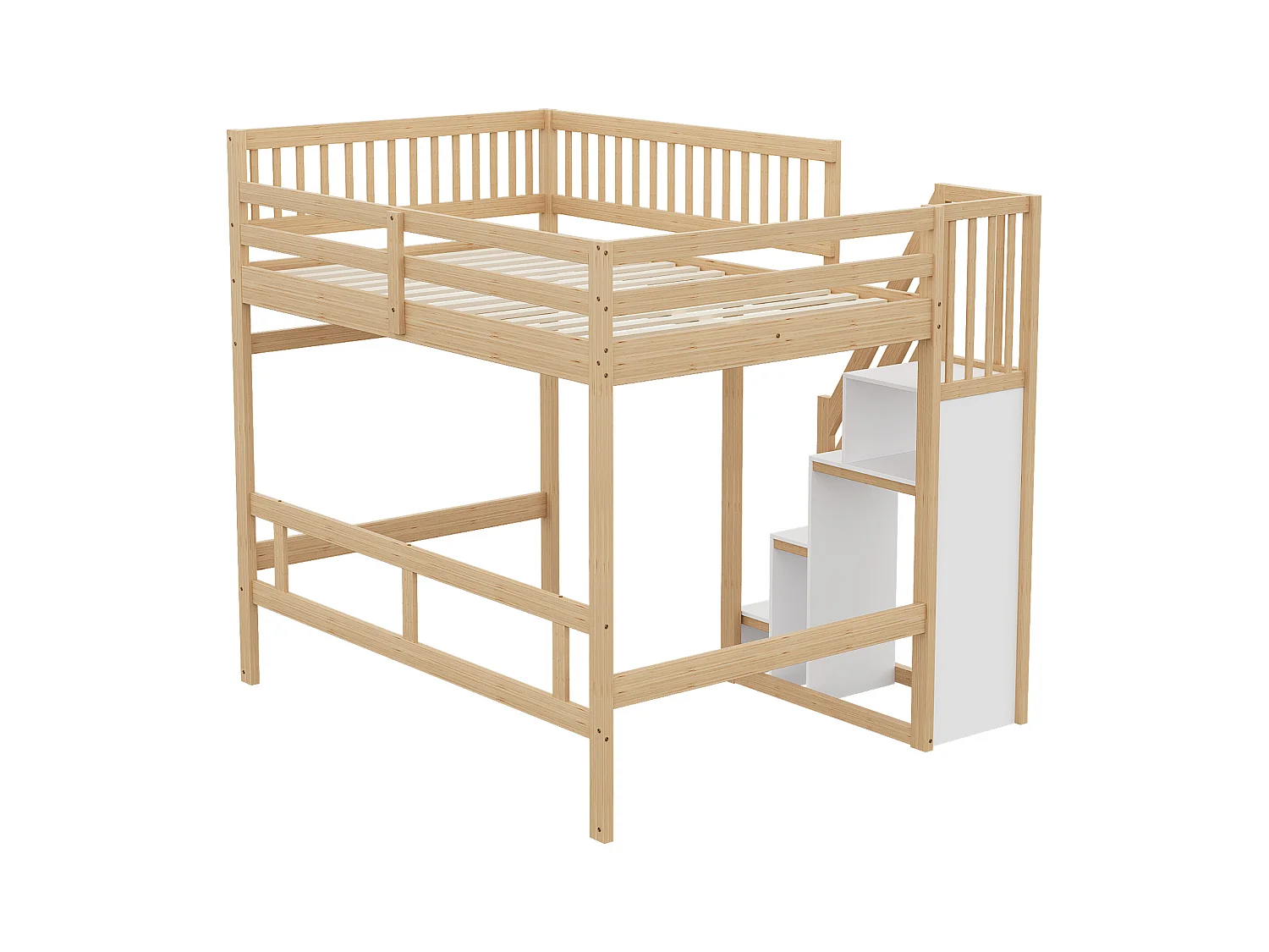 Lit mezzanine 140x200cm - avec escalier de rangement - bois massif + contreplaqué + MDF - Naturel