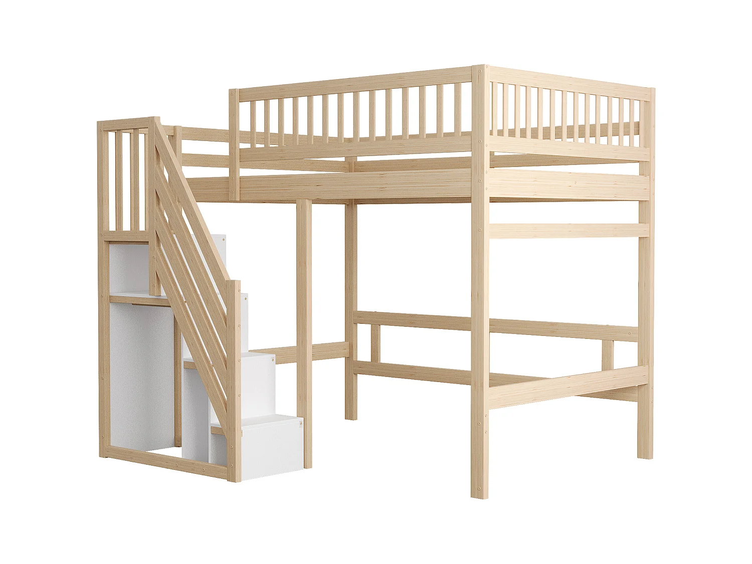 Lit mezzanine 140x200cm - avec escalier de rangement - bois massif + contreplaqué + MDF - Naturel